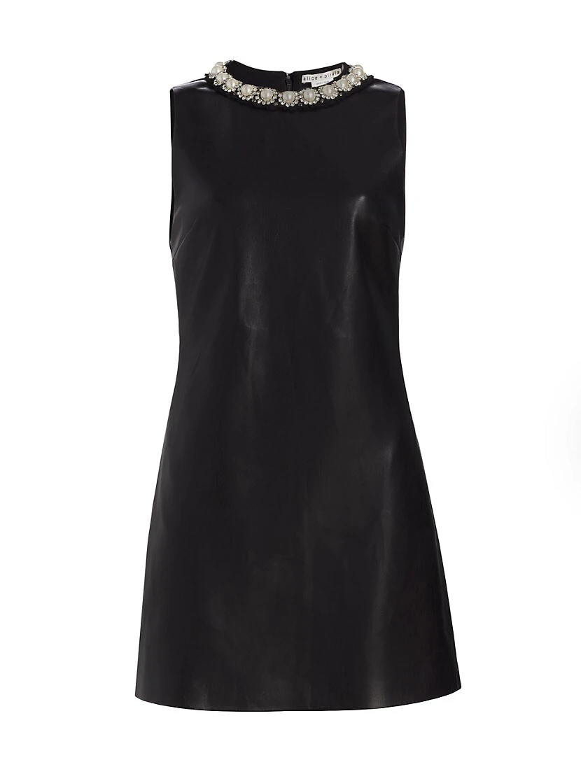 Alice + Olivia Coley Faux-Leather Embellished Minidress