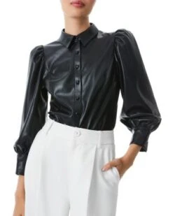 Nadine Puff Sleeve Faux Leather Blouse - Alice And Olivia