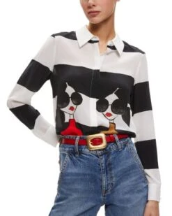 Willa Printed Black & White Top - Alice And Olivia