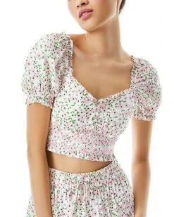 Alice + Olivia Rianna Puff Sleeve Smocked Crop Top Women