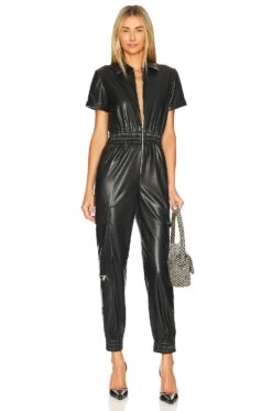 Alice + Olivia Levi Faux Leather Cargo Jumpsuit Black
