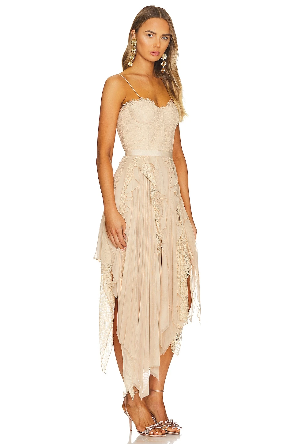 Alice + Olivia Maritza Bustier Asymmetrical Midi Dress Almond - Image 2