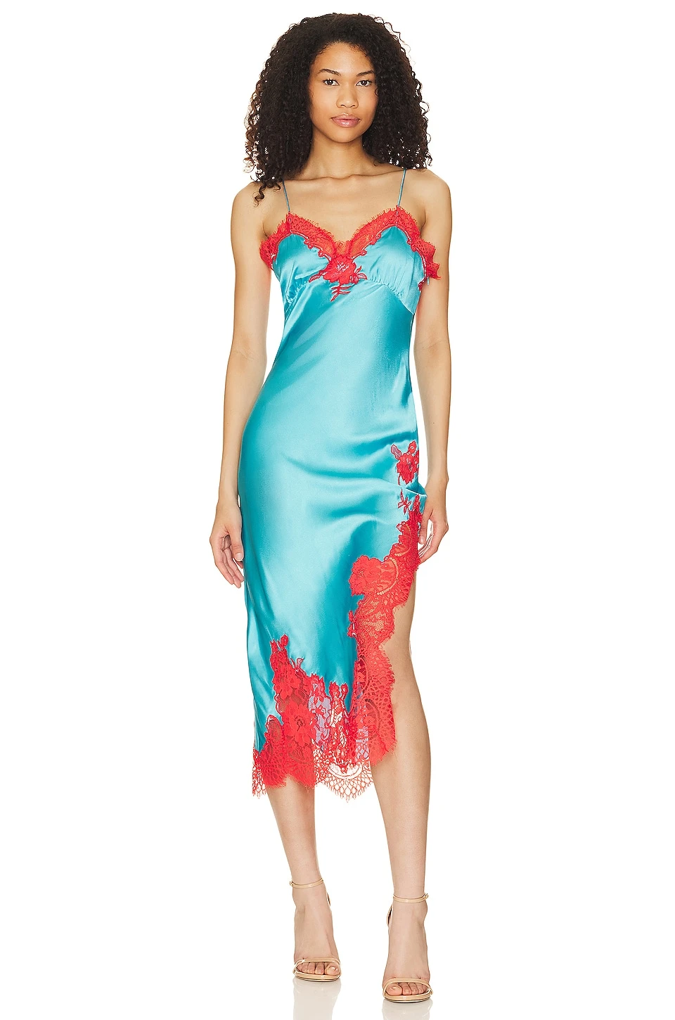 Alice + Olivia Kerr Lace Trim Asymmetrical Midi Slip Ocean Floor
