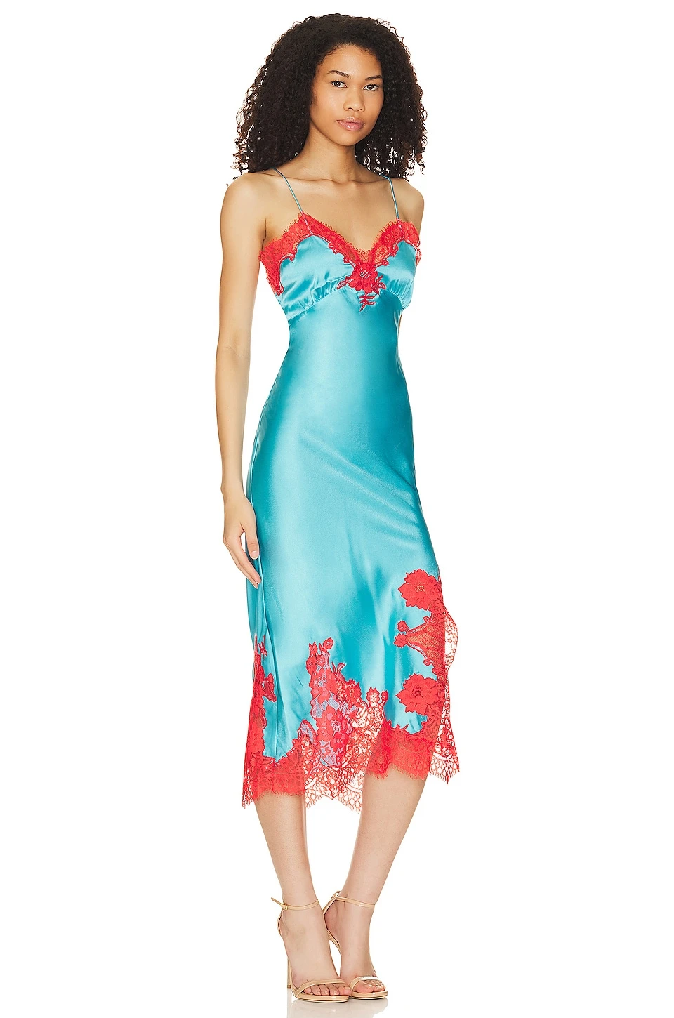 Alice + Olivia Kerr Lace Trim Asymmetrical Midi Slip Ocean Floor - Image 2