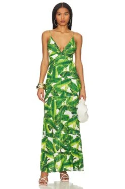 Alice + Olivia Karolina Halter Maxi Dress Sun Palm & Off White
