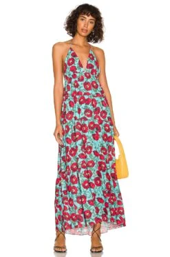 Alice + Olivia Mae Halter Tiered Midi Dress Beach Bliss Aqua