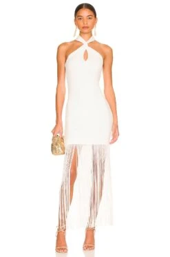 Alice + Olivia Steph Twist Neck Fringe Dress Off White