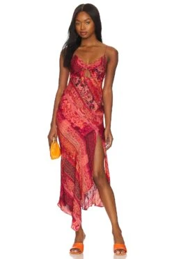 Alice + Olivia Harmony Asymmetrical Midi Dress Vintage Summer Bright Coral