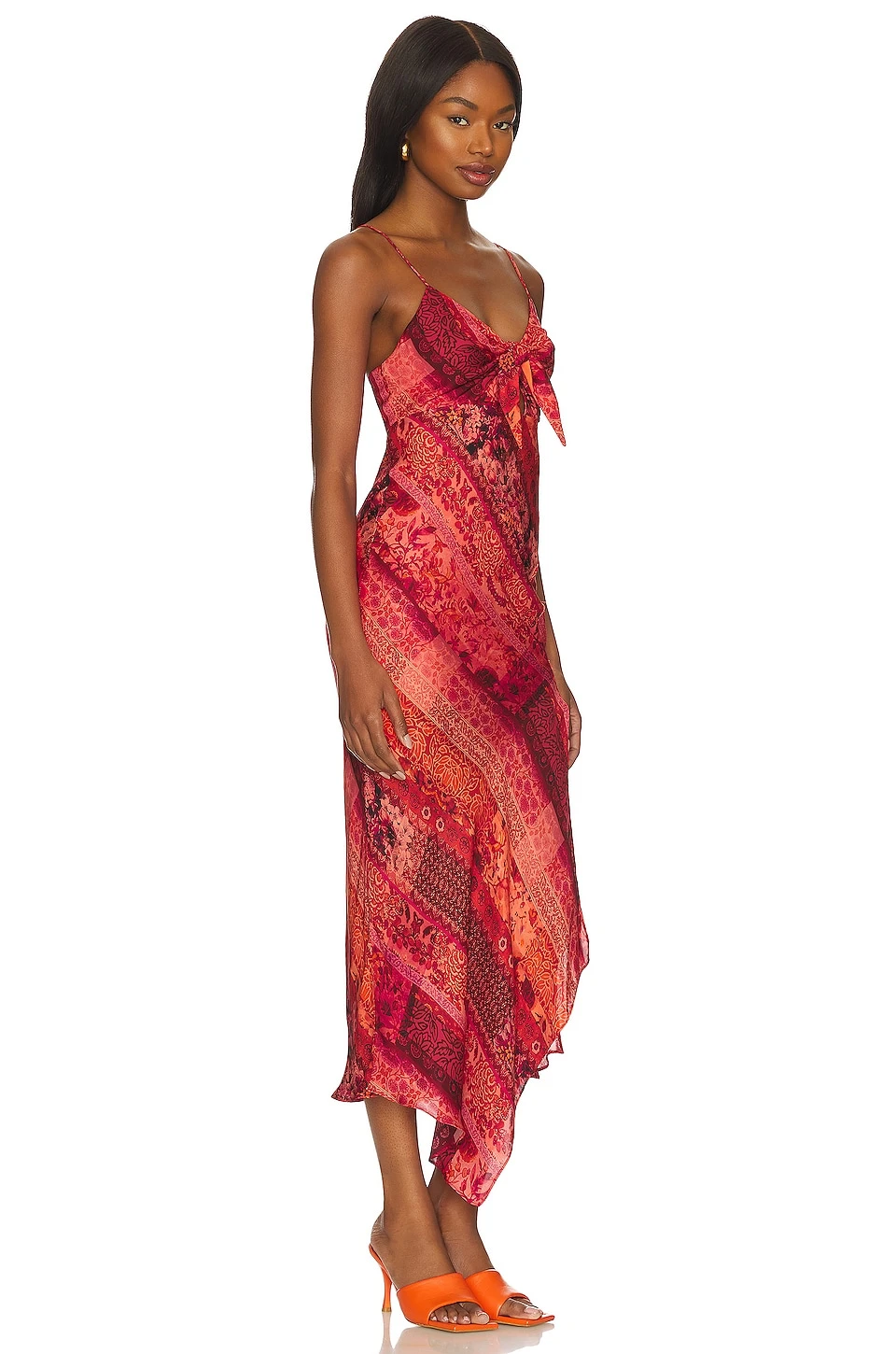 Alice + Olivia Harmony Asymmetrical Midi Dress Vintage Summer Bright Coral - Image 2