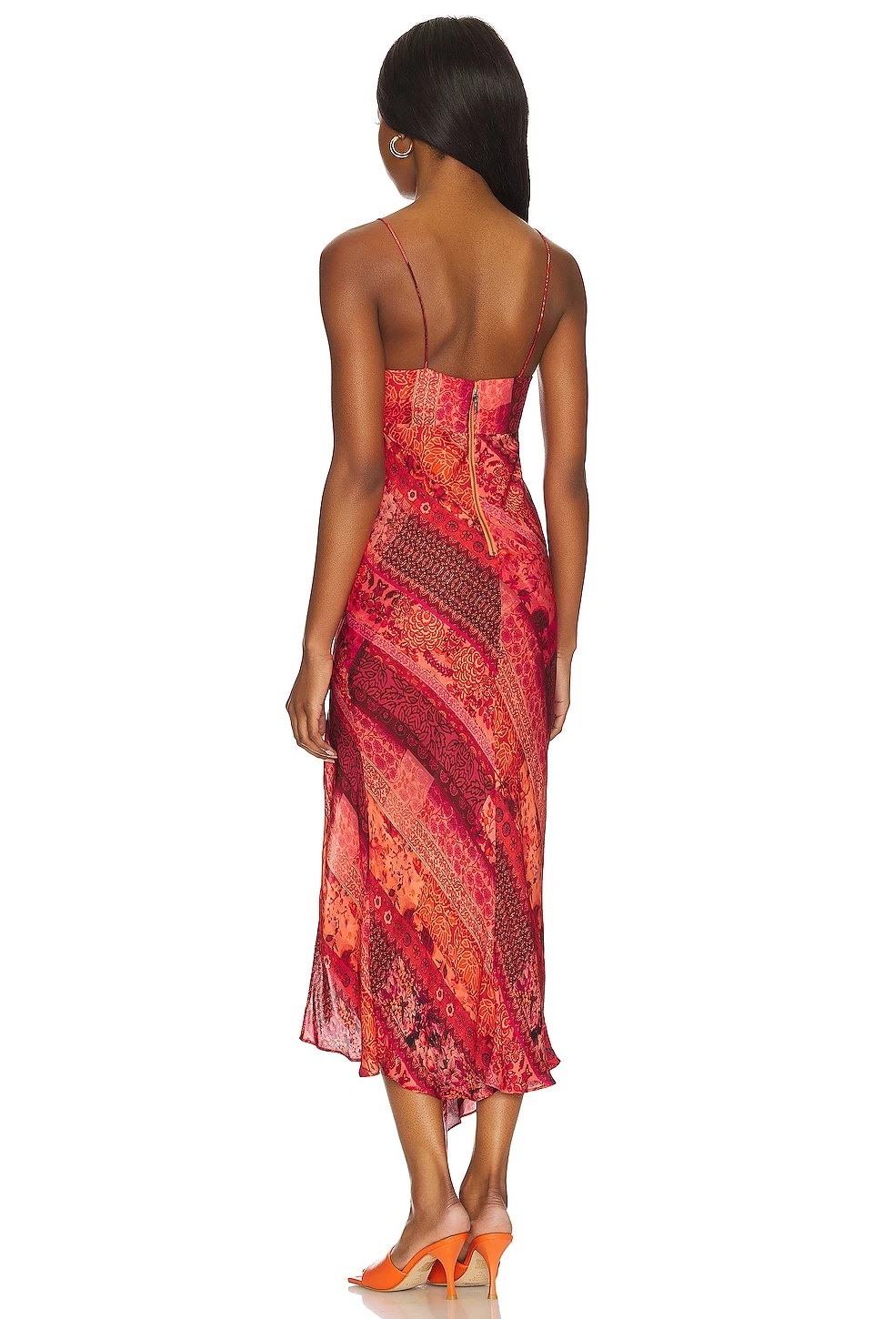 Alice + Olivia Harmony Asymmetrical Midi Dress Vintage Summer Bright Coral - Image 3