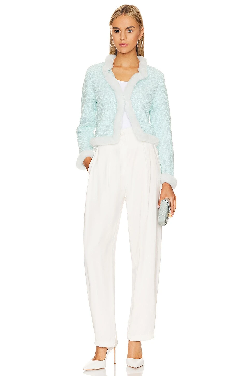 Alice + Olivia Mendy Faux Fur Cropped Cardigan Julep - Image 4