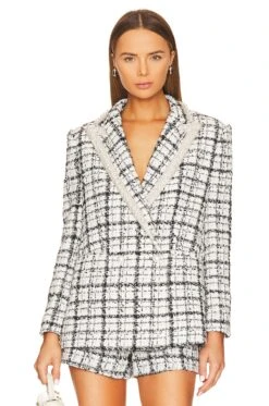 Alice + Olivia Justin Double Breasted Long Blazer Black & Off White