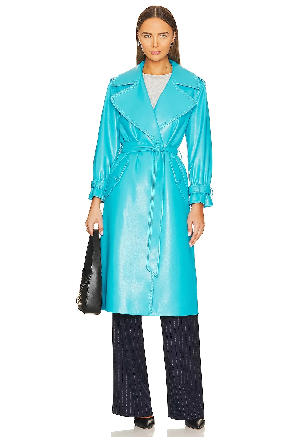 Alice + Olivia Nevada Faux Leather Midi Trench Coat Ocean Floor