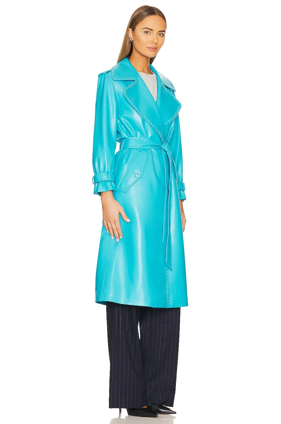 Alice + Olivia Nevada Faux Leather Midi Trench Coat Ocean Floor - Image 3