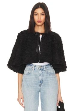 Alice + Olivia Loree Ruffle Tie Front Crop Jacket Black