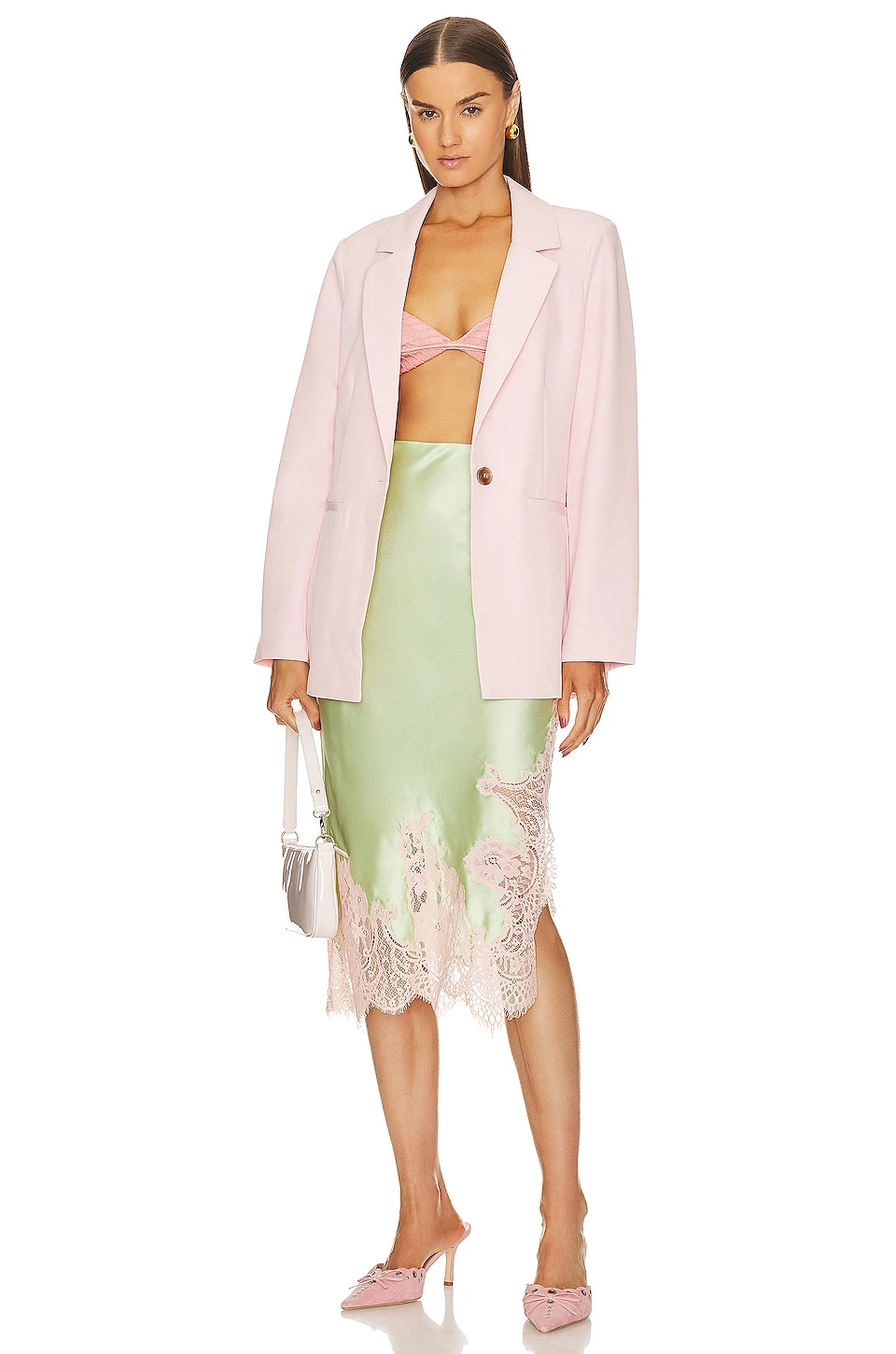 Alice + Olivia Tonia Lace Trim Mid Skirt Pistachio & Petal - Image 5