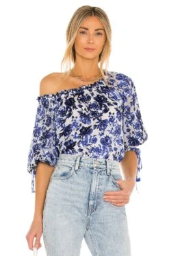 Alice + Olivia Alta Blouson Sleeve Peasant Top Forget Me Not Antique White