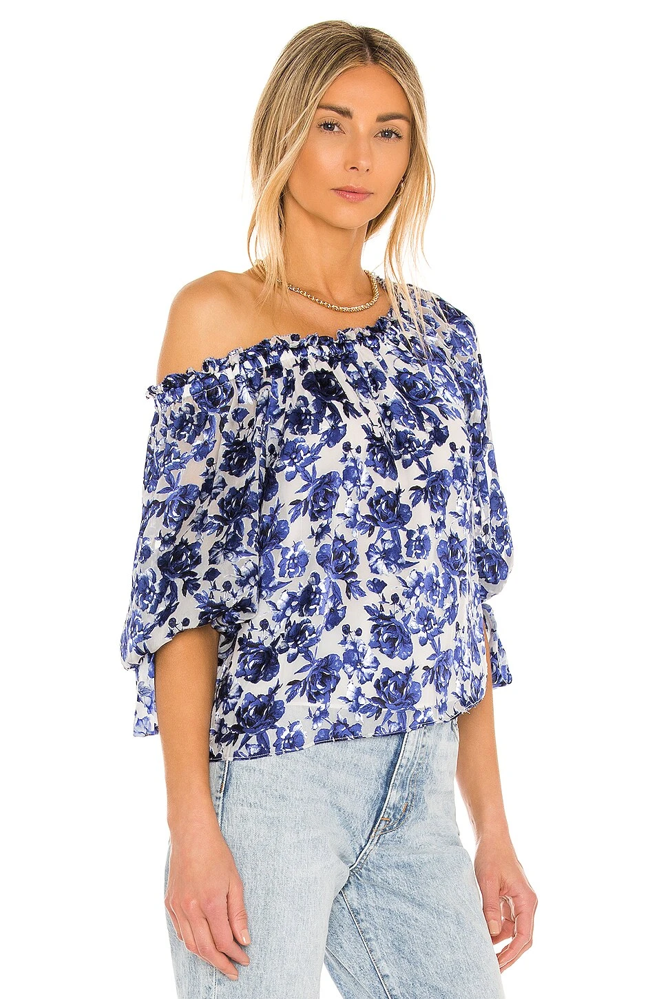 Alice + Olivia Alta Blouson Sleeve Peasant Top Forget Me Not Antique White - Image 2