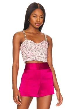 Alice + Olivia Cristi Bustier Crop Top Off White & Raspberry