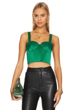 Alice + Olivia Jeanna Bustier Smocked Crop Top Emerald