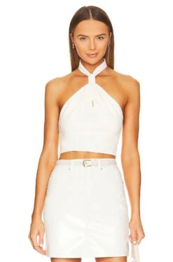 Alice + Olivia Sade Faux Leather Knot Halter Neck Crop Top Ecru